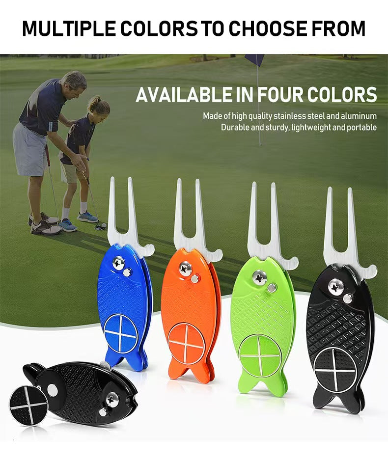 New Fish-Design Golf Divot Tool: Foldable Metal Head Ball Mark Repair Fork with Spring Action