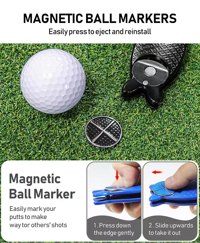 New Fish-Design Golf Divot Tool: Foldable Metal Head Ball Mark Repair Fork with Spring Action