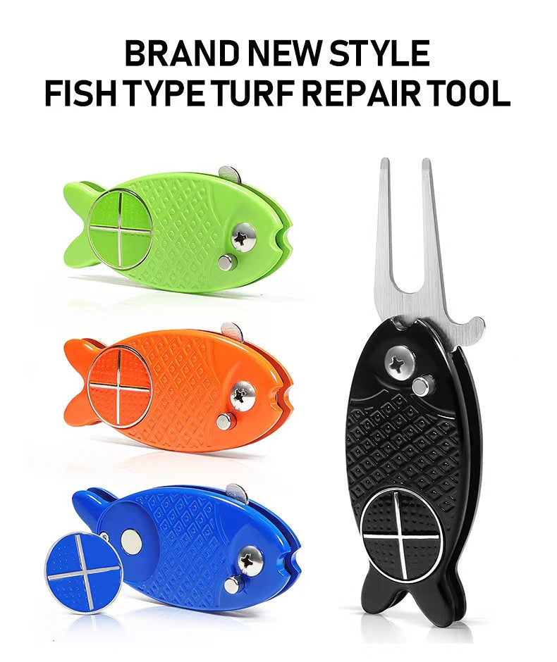 New Fish-Design Golf Divot Tool: Foldable Metal Head Ball Mark Repair Fork with Spring Action