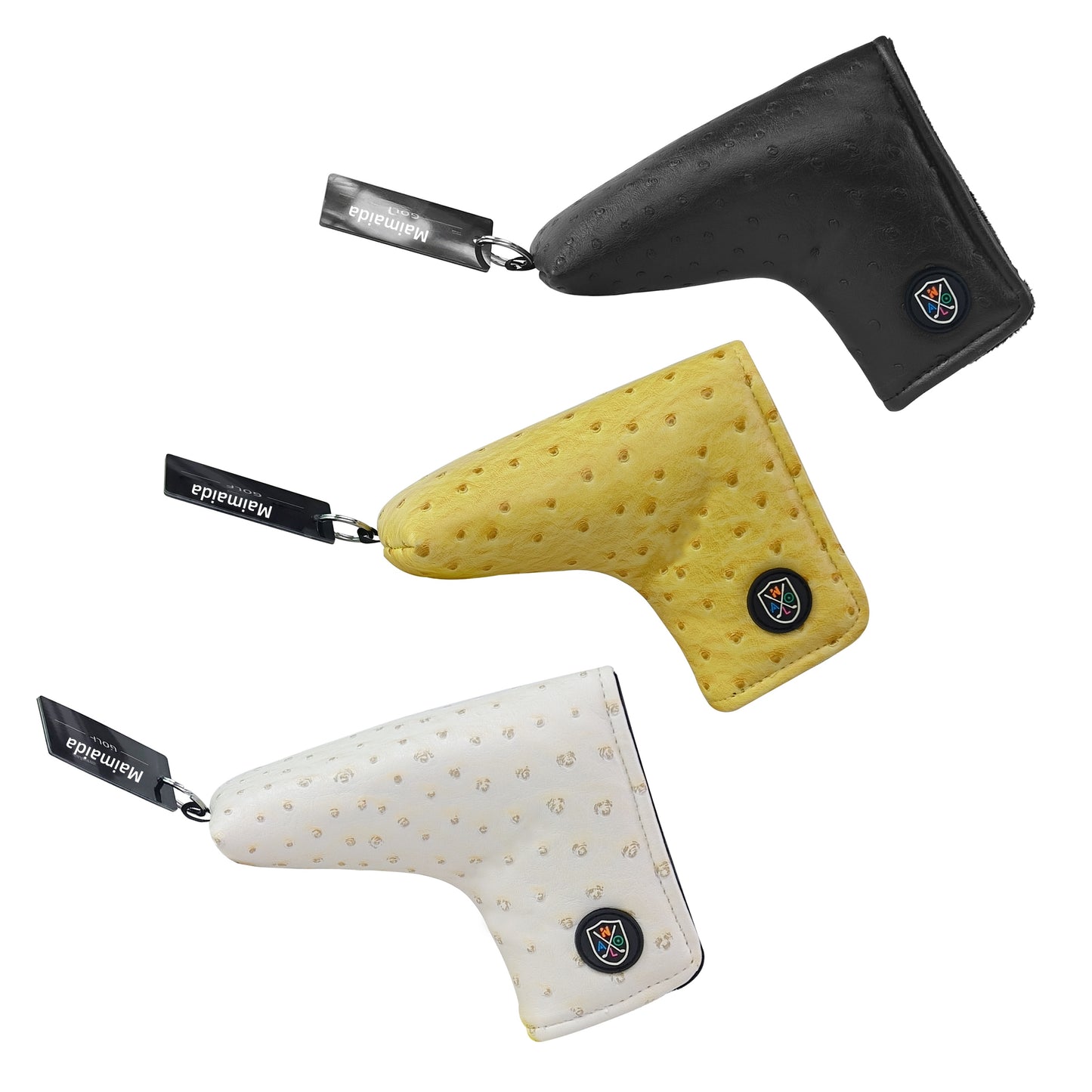 Golf L-shaped putter cover, woven ostrich pattern waterproof fabric plush lining magnetic buckle head cover