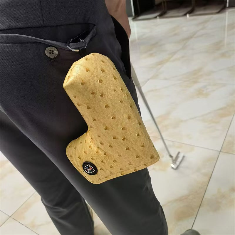 Golf L-shaped putter cover, woven ostrich pattern waterproof fabric plush lining magnetic buckle head cover