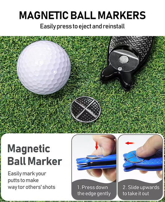 New Fish-Design Golf Divot Tool: Foldable Metal Head Ball Mark Repair Fork with Spring Action