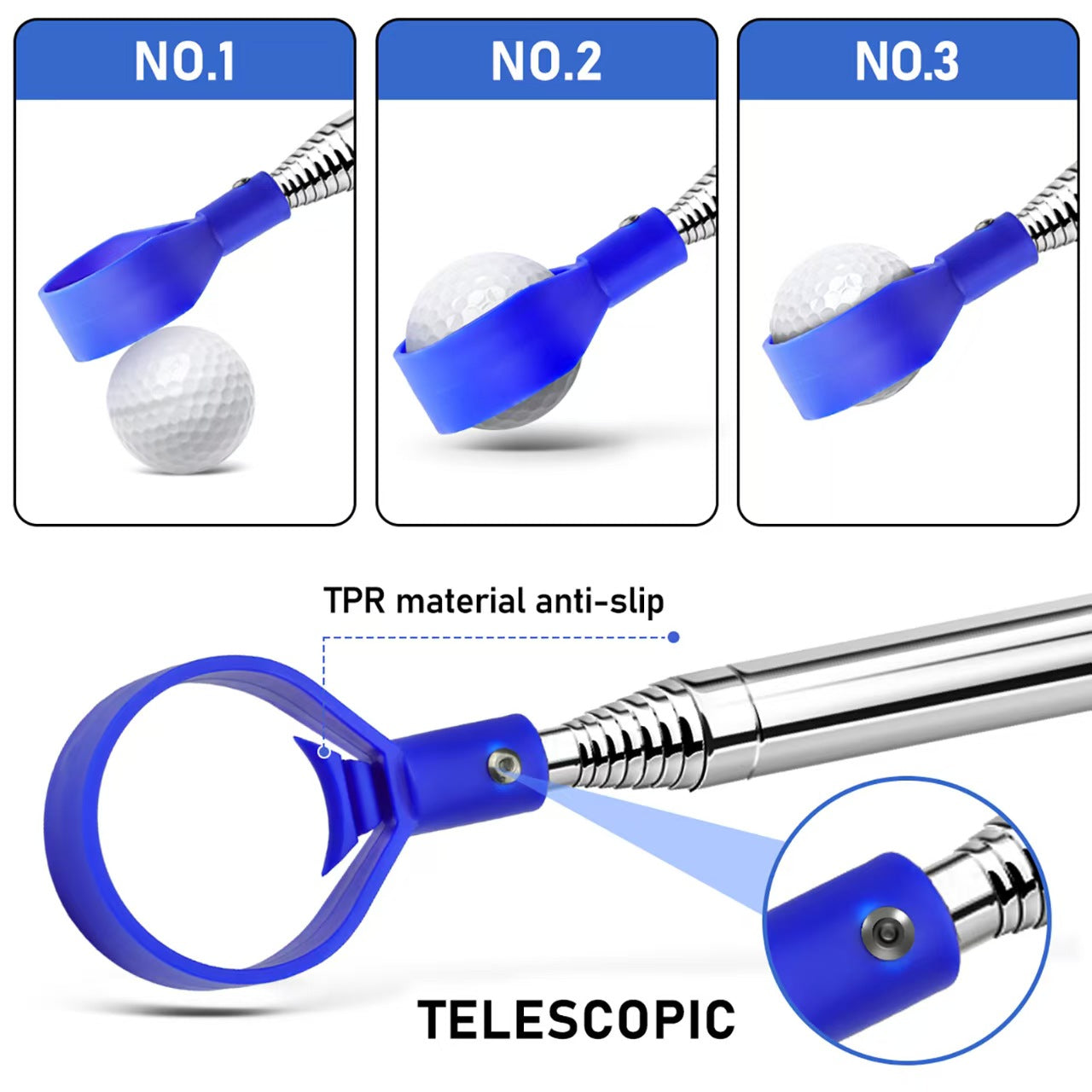 Golf Ball Retriever, White Cage with Blue-Yellow Grip (Factory Direct)
