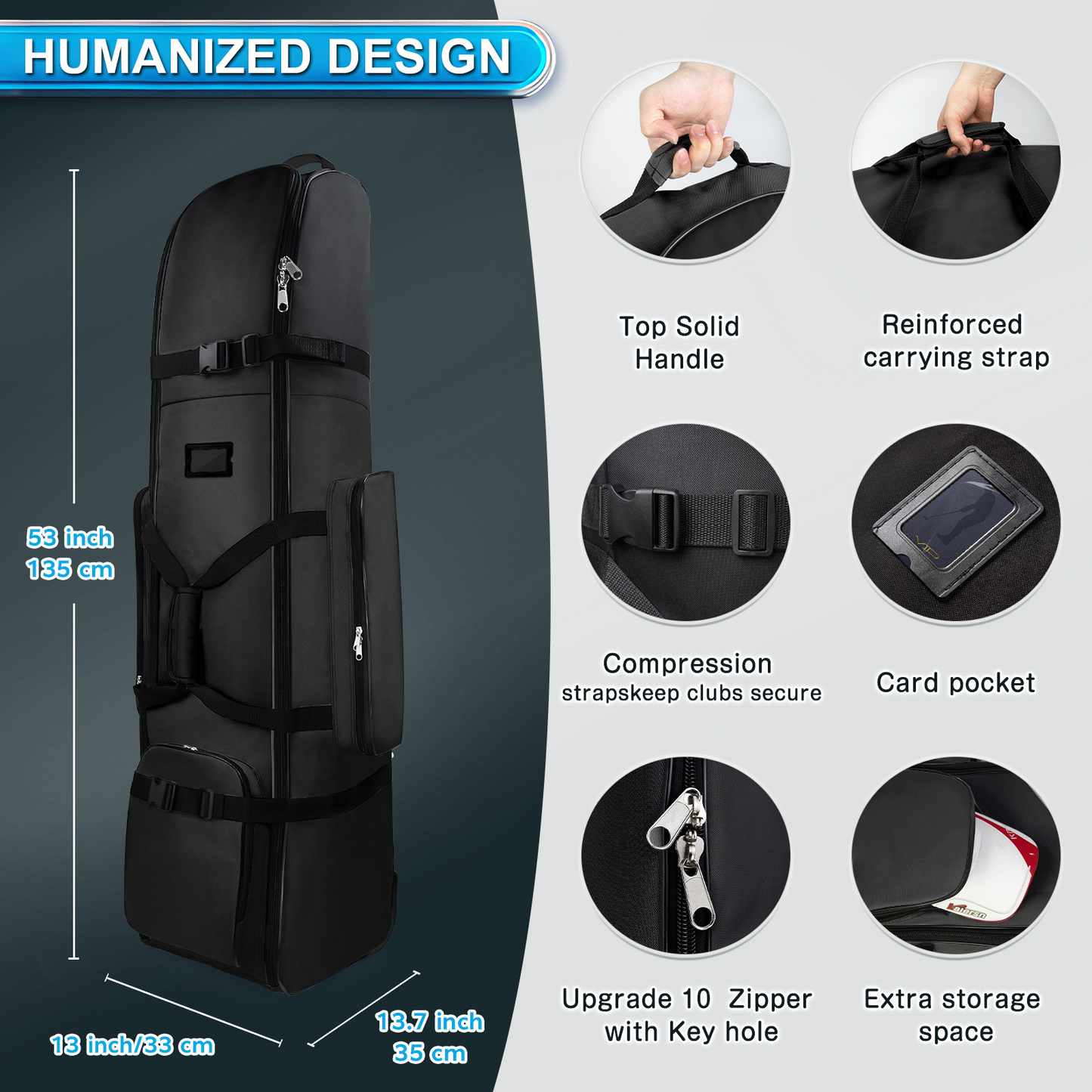 Golf aviation bag, portable and foldable with pulley, ball bag, club bag